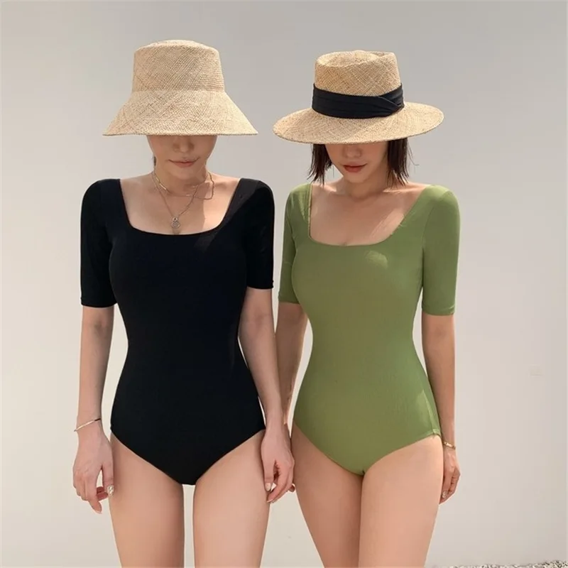AGELICALOVE Korean Style One Piece Swimwear Women Square Collar Half Sleeve Padded Swimsuit Bathing Beach Wear Monokini Ladies