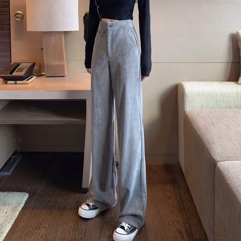 Autumn Winter Korean Fashion Button Spliced High Waist Pants Women's Clothing Casual All-match Solid Thick Corduroy Trousers