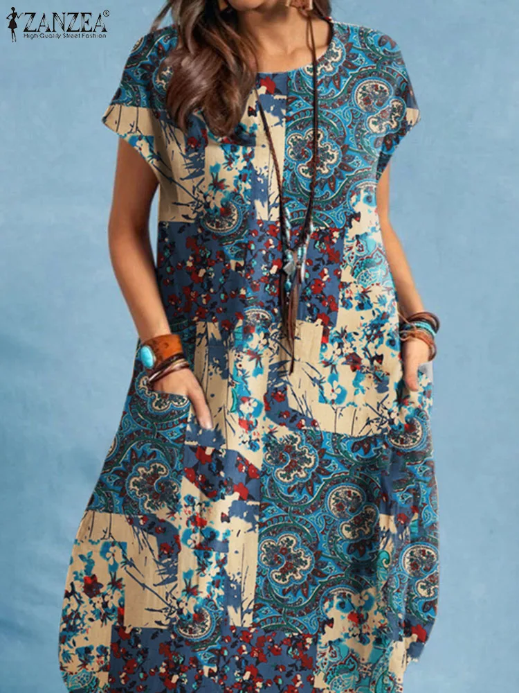 

2023 ZANZEA Bohemian Printed Sundress Summer Women Floral Dresses Casual Short Sleeve O Neck Vestidos Holiday Party Robe Femme