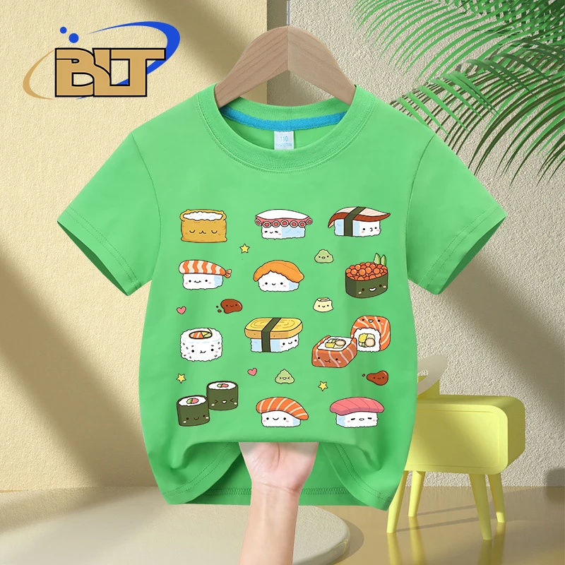 Kawaii Japanese Sushi printed kids T-shirt summer pure cotton short-sleeved casual tops for boys and girls 3