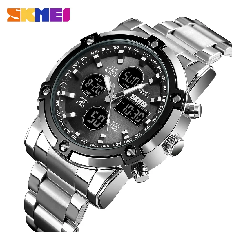 

Skmei 1389 Men Three Time Quartz Wrist Mens Watch Countdown Steel Strap Wristwatch Clock Relogio Masculino Digital Quartz Watch