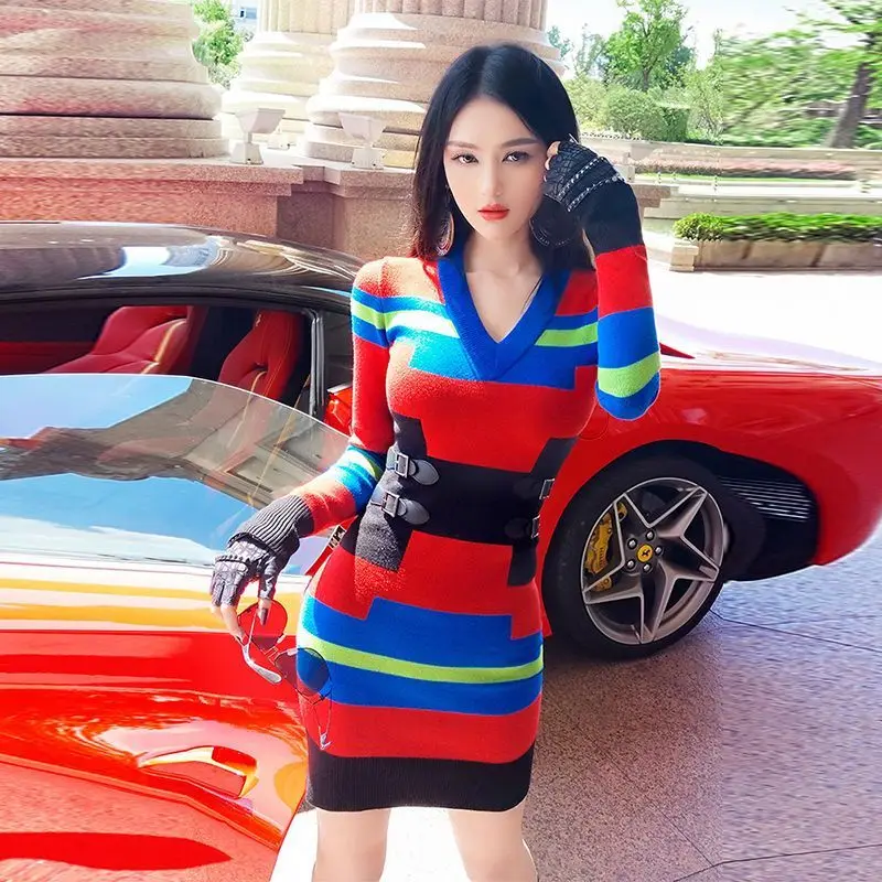 

Women's Clash Color Knitted Dress, Original Personality Dress, 3D Decoration, Autumn and Winter