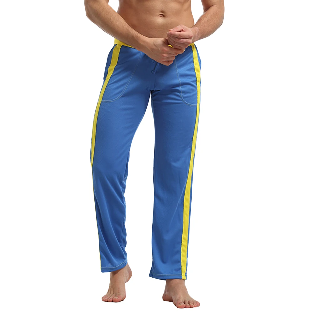 

Men's Black Polyester Stripe Pattern Lounge Pants Sleep Gym Active Pajama Sweatpants Jogger Slim Bottoms Trousers