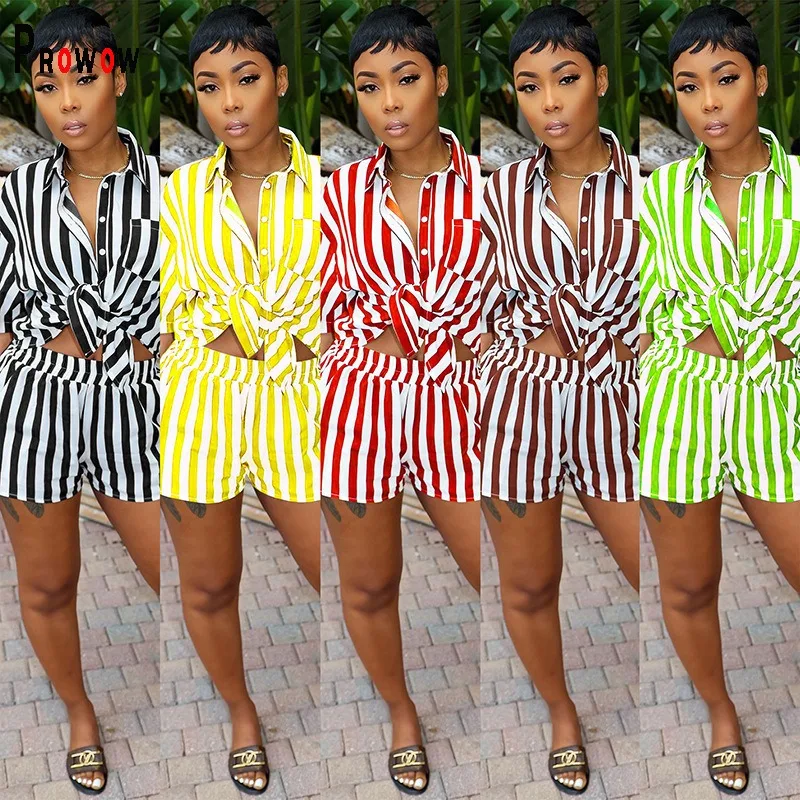 

Prowow Fashion Two Piece Women Suits Striped Print Short Sleeved Blouses Shorts Summer Clothing Set 2023 New Female Outfits