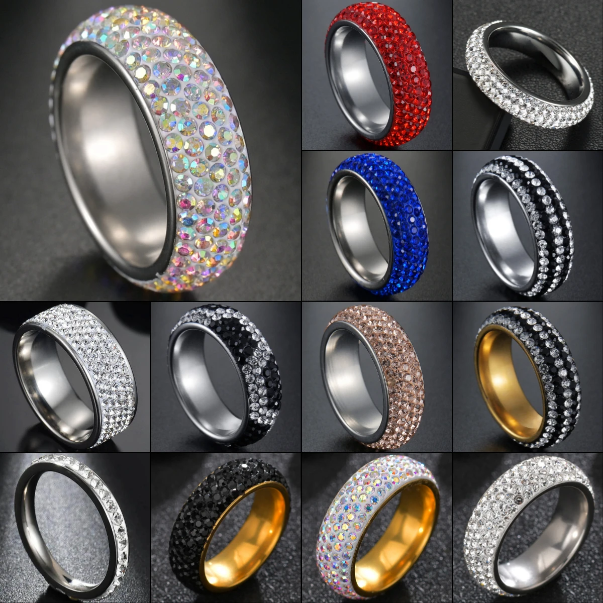 Unique Allergy Free Silvery 5 Row Lines Ring Rainbow Color Crystal 1PC Rhinestone Stainless Steel Rings crystal rings stainless steel rings stone rings fashion rings finger rings fashion ring metal rings