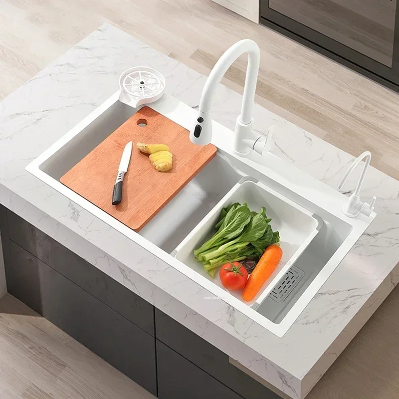 Stainless Steel White Kitchen Sinks Luxury Raindance Waterfall Nano Large Single-slot Dishwashing Basin Home Kitchen Accessories