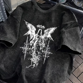 Vintage Washed Black T-Shirt Gothic Arch Angel Graphic Print Short-Sleeve Tee Retro Streetwear Top for Men/Women Punk Rock Style 1