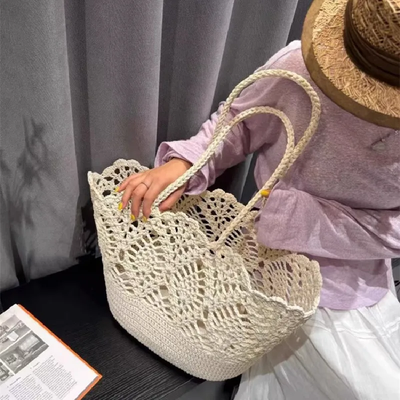 Fashion Vintage Flowers Handmade Knitting Crochet Shoulder Bag Knitted Handbags Luxury Tote Women Designer Female Hand Bag