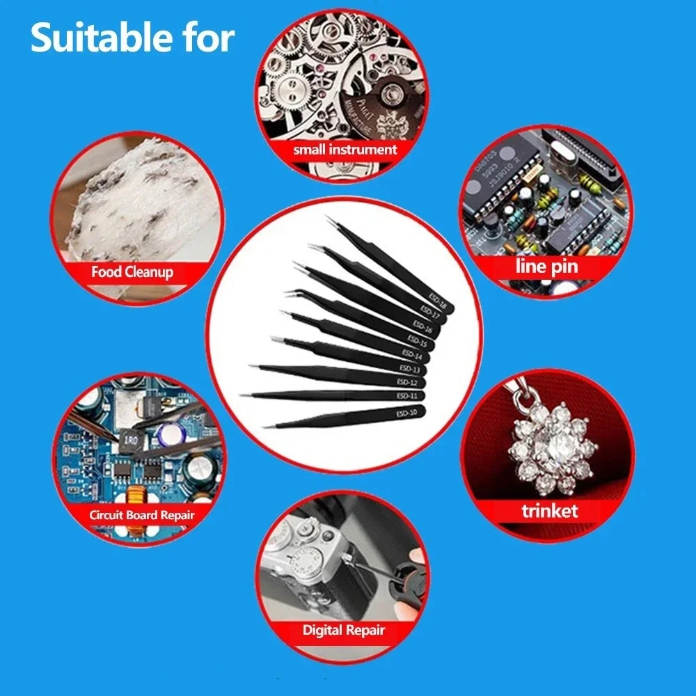 6-Pcs ESD Anti-Static Precision Tweezers Stainless Steel Tool For Electronic Repair Process Modeling Bending Curved Straight Tip