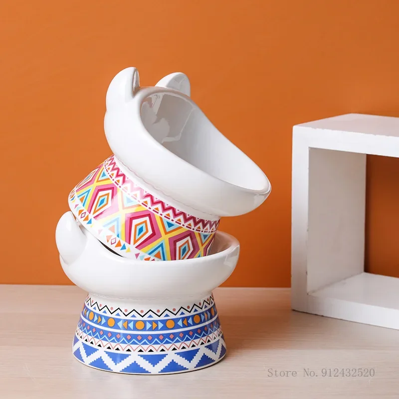 Creative Dog and Cat Bowl, Ceramic to protect the cervical spine, anti-overturning, high foot oblique mouth, pet food bowls, 1Pc