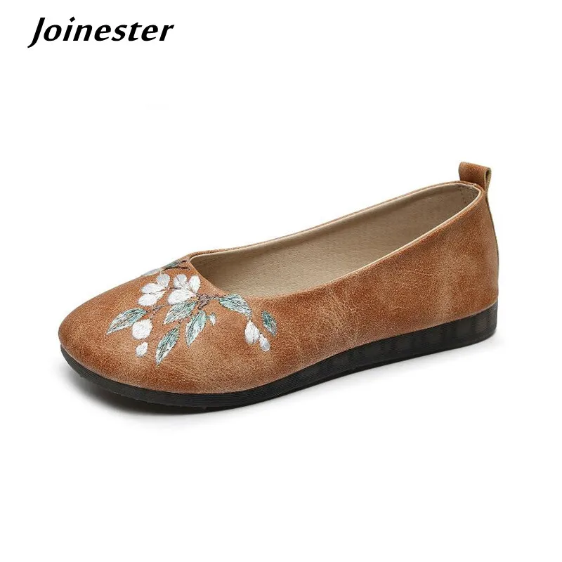 

Round Toe Slip on Casual Loafers for Women Vintage Embroidered Autumn Shoes Ladies PU Leather Dress Flats Retro Moccasins