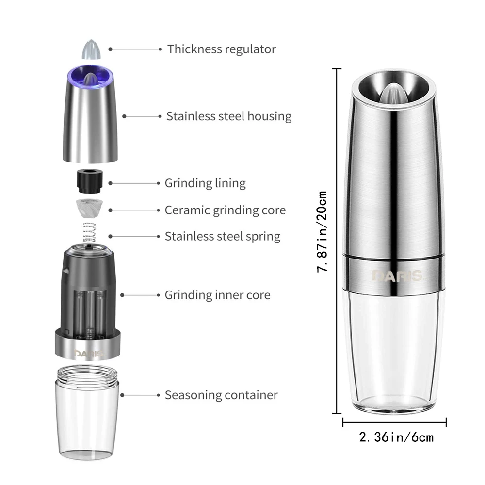 Gravity Electric Salt and Pepper Grinder Set, Automatic Mill  Grinder,Battery-Operated with Adjustable Coarseness, Premium Stainless  Steel with LED