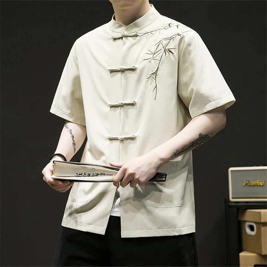 Linen Shirts Men Summer Short Sleeve Shirt Bamboo Leaf Embroidery Chinese Style Button Design Shirts Male