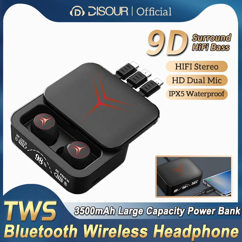 

M88 Plus TWS Bluetooth Headset HIFI Stereo Music Wireless Noise Canceling Earbuds Slide Sports Game Earphone 3500mAh Power Bank