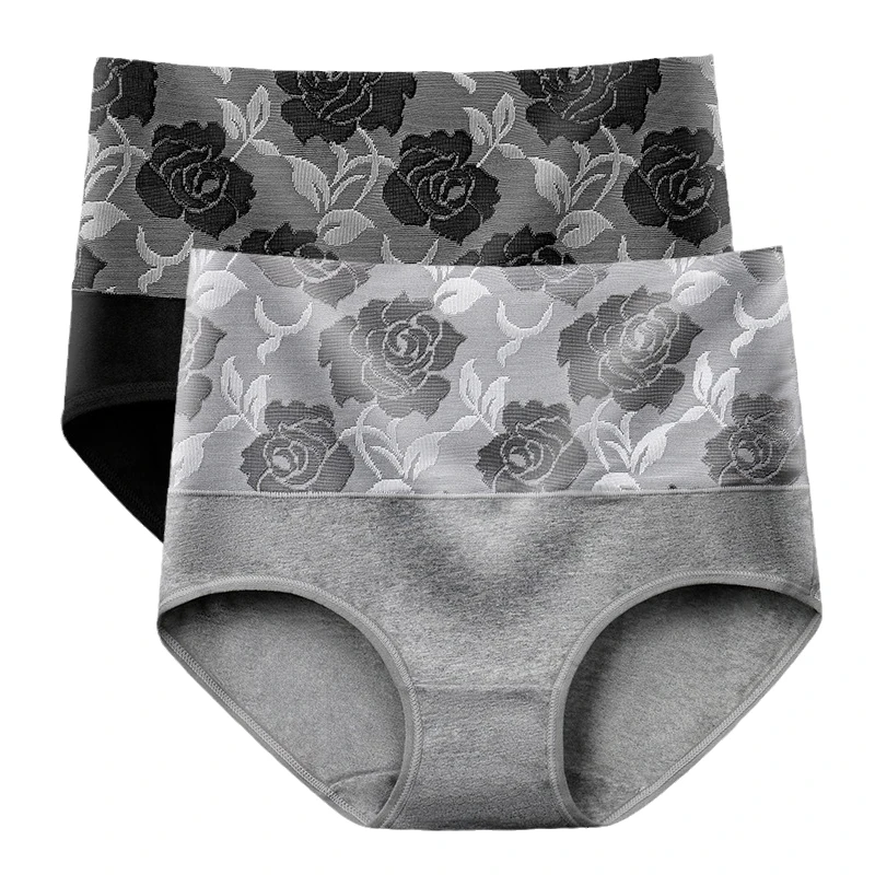 2Pcs Plus Size Women's Cotton Underwear High Waisted Tummy Control Panties Full Coverage Briefs Jacquard Ladies Panty Shaper