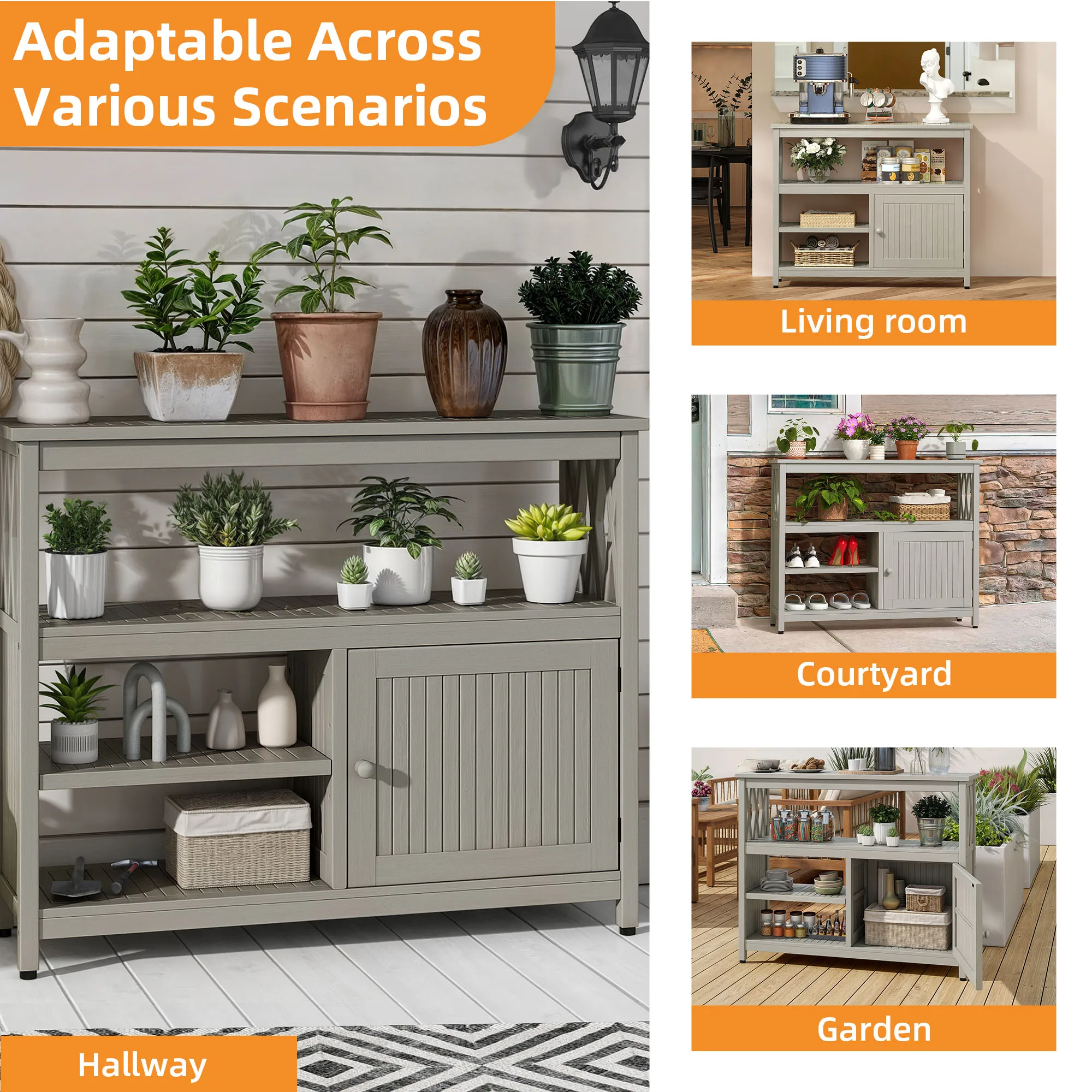 4-Tier Wood Buffet Sideboard Cabinet with Door, Patio Storage Cabinet with Adjustable Shelf, Gray