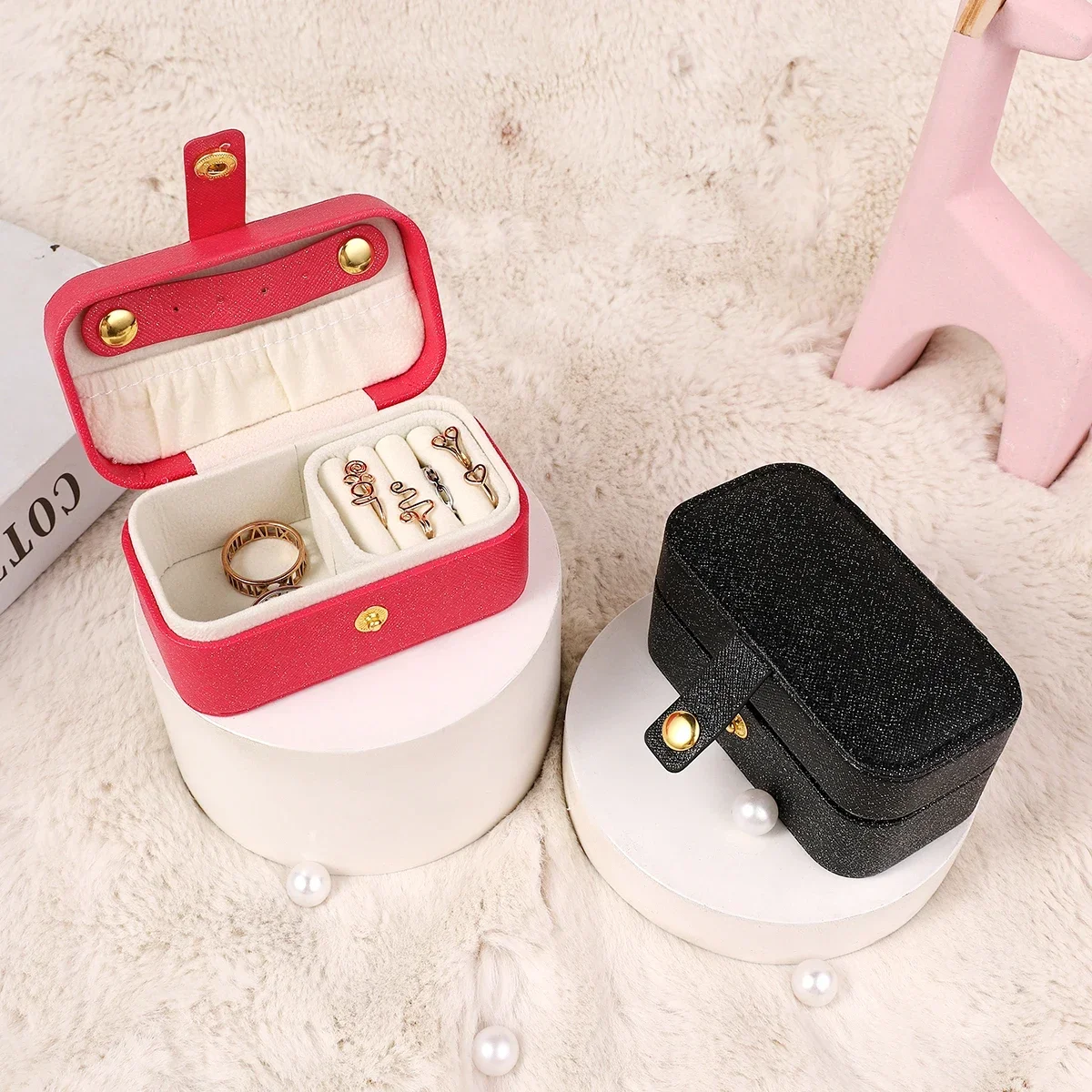 1pc-Exquisite Leather Jewelry Box Simple Ring Necklace Earring Storage Simple Style Portable Storage Box for Daily Travel