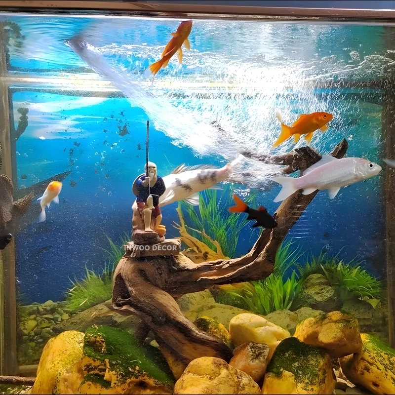 Statua Mini Pescatore In Pietra Arenaria Grigia 7x6x5,2 Cm - Decorazione Per Bonsai, Acquario, Giardino, Terrario