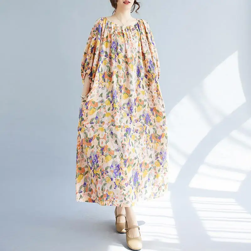 

Dimanaf 2024 Plus Size Women Summer Dress Elegant Soft Lady Linen Flower Print O-Neck Long Dress Loose Dress 1007