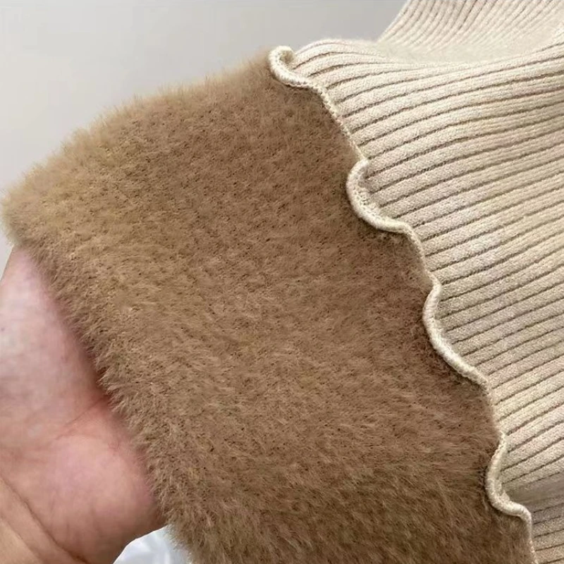 Women's Thickened Fleece Lined Turtleneck Pullover Autumn Winter Fashion Base Layer Shirt Long Sleeves Warm Ruffled Edge Sweater