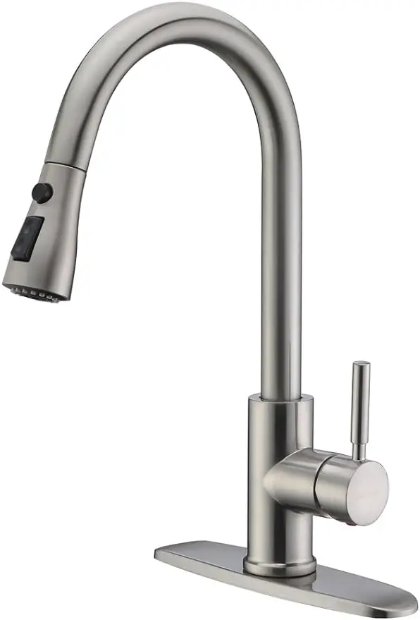 

WEWE Single Handle High Arc Brushed Nickel Pull Out Kitchen Faucet,Single Level Stainless Steel Kitchen Sink Faucets