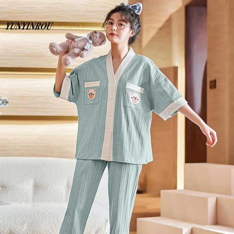 

Brand Nightwear Kawaii Girls PJ Young Women's Pajama Sets Pyjamas Femme Cartoon Bear Sleepwear Loungewear Pijama Mujer Homewear