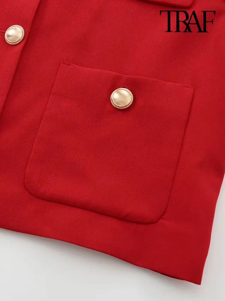 TRAF-Cropped Jacket with Golden Buttons for Women, O Neck, Long Sleeve, Female Outerwear, Chic Tops, Fashion 6