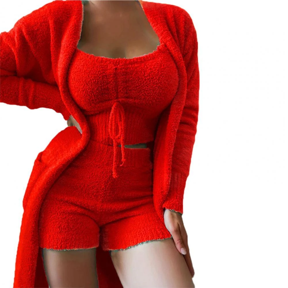 1 Set Top Shorts Coat Solid Color Plush Three-piece Temperament Thick Sleepwear Set for Sleeping womens two peice sets matching workout sets