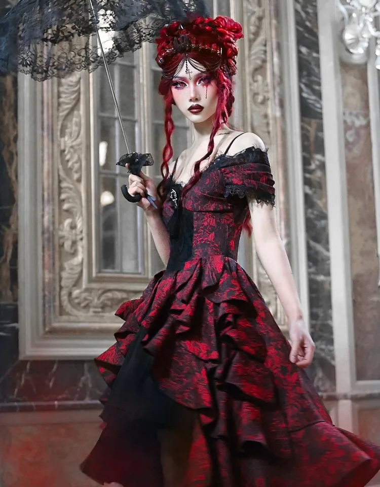 美品 ロマニガーデン ロリータ ドレス 黒赤 オフショルダー 美品 ロマニガーデン ロリータ ドレス 黒赤 オフショルダー