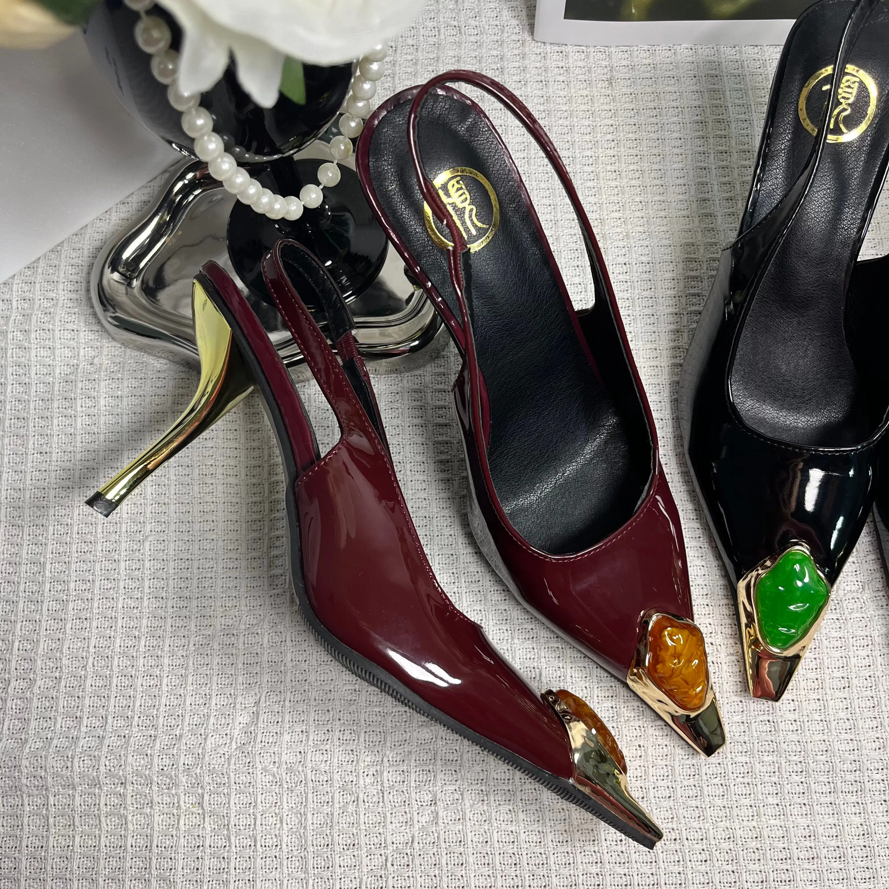 Party Dress Women Heels Pumps Shoes Female Slingbacks Footwear Designer Fashion Metal Pointed Toe Ladies High Heels Shoes