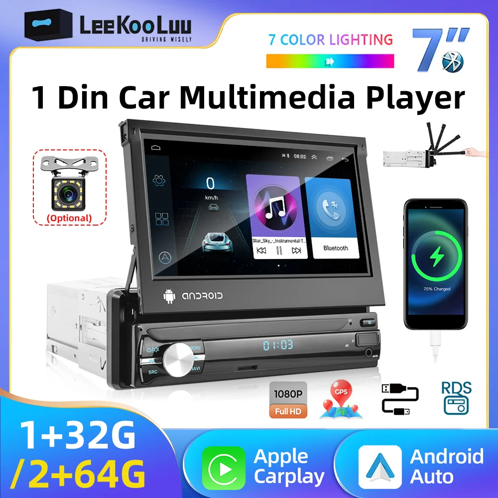 LeeKooLuu 1 Din Car Radio Auto GPS Navigation Stereo 7" Manual Retractable Screen 1Din Android Multimedia Video Player Wifi