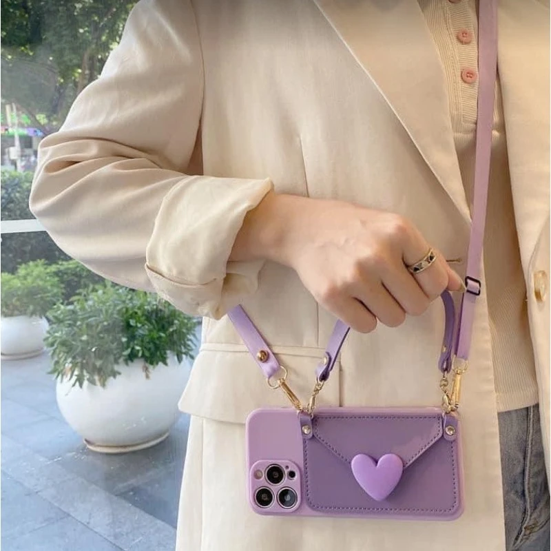 Love-Shaped Cross-Body Strap with Card Holder - Impact-Resistant Phone Case