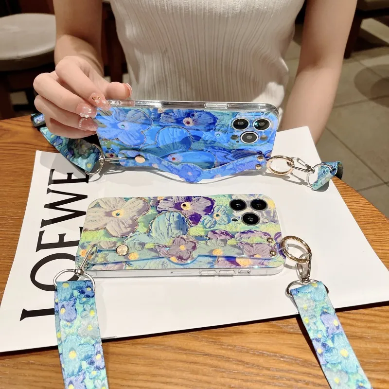 Crossbody Strap Case Samsung Galaxy S24 Ultra S21 FE S22 Plus Note 20 S23 FE Blue Ray Rhinestone Oil Painting Flower Cover phone case