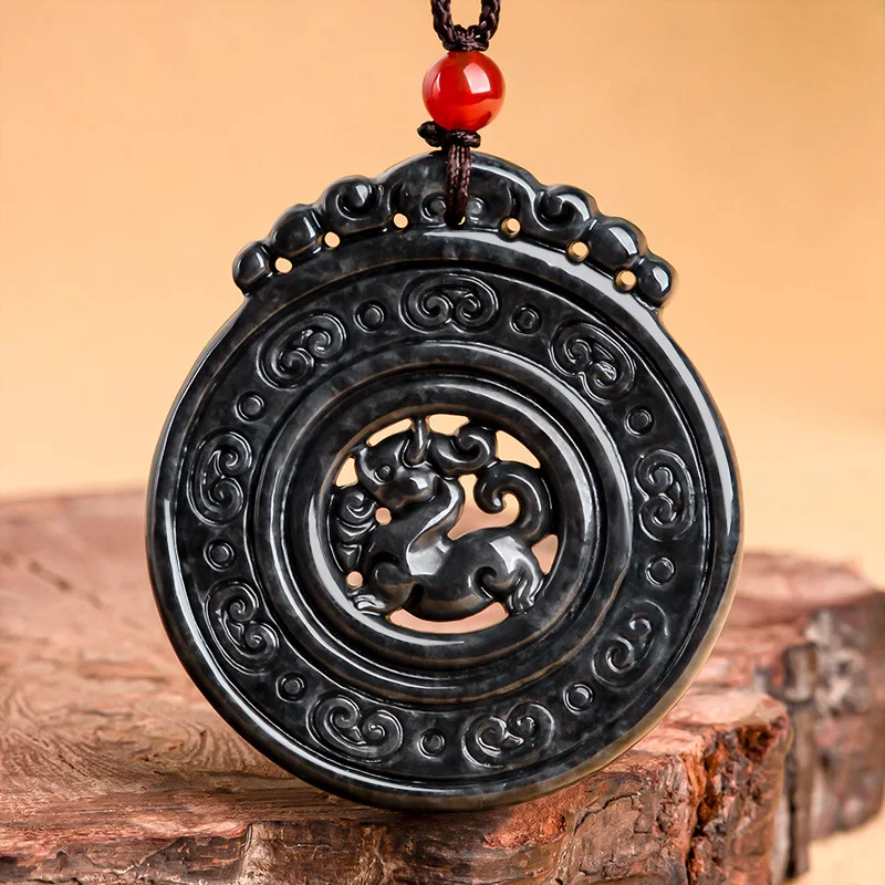 Exquisite Natural Black Jade Chinese Hand Carved Amulet Flower and