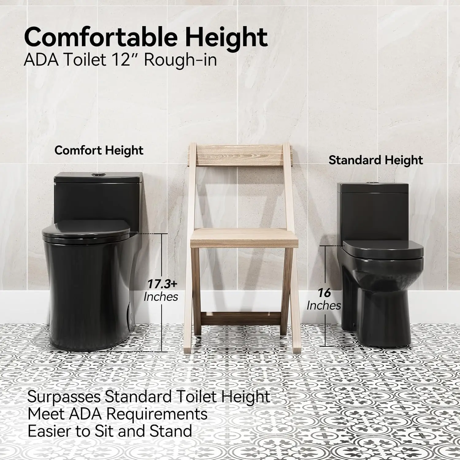 2025-hotT0338WB Elongated One Piece Toilet Black, Compact Modern Toilet with Comfortable Seat Height, ADA Chair Height 17.3"