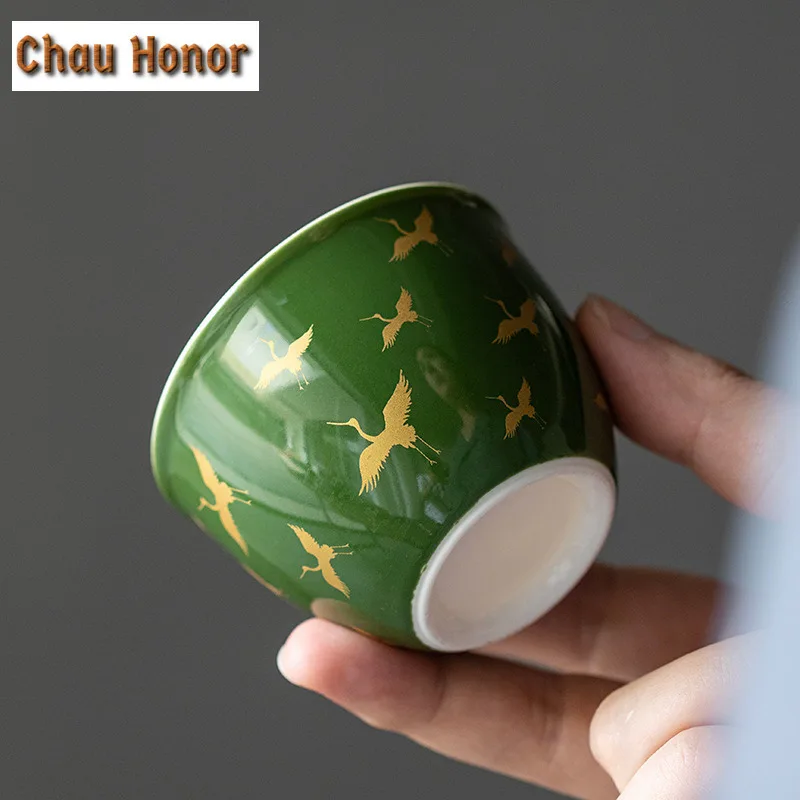 2pc/set Retro Emerald Gold Crane Art Ceramic Tea Cup Large Single Master Cup Household Kung Fu Tea Set Teaware Drinkware 75ml