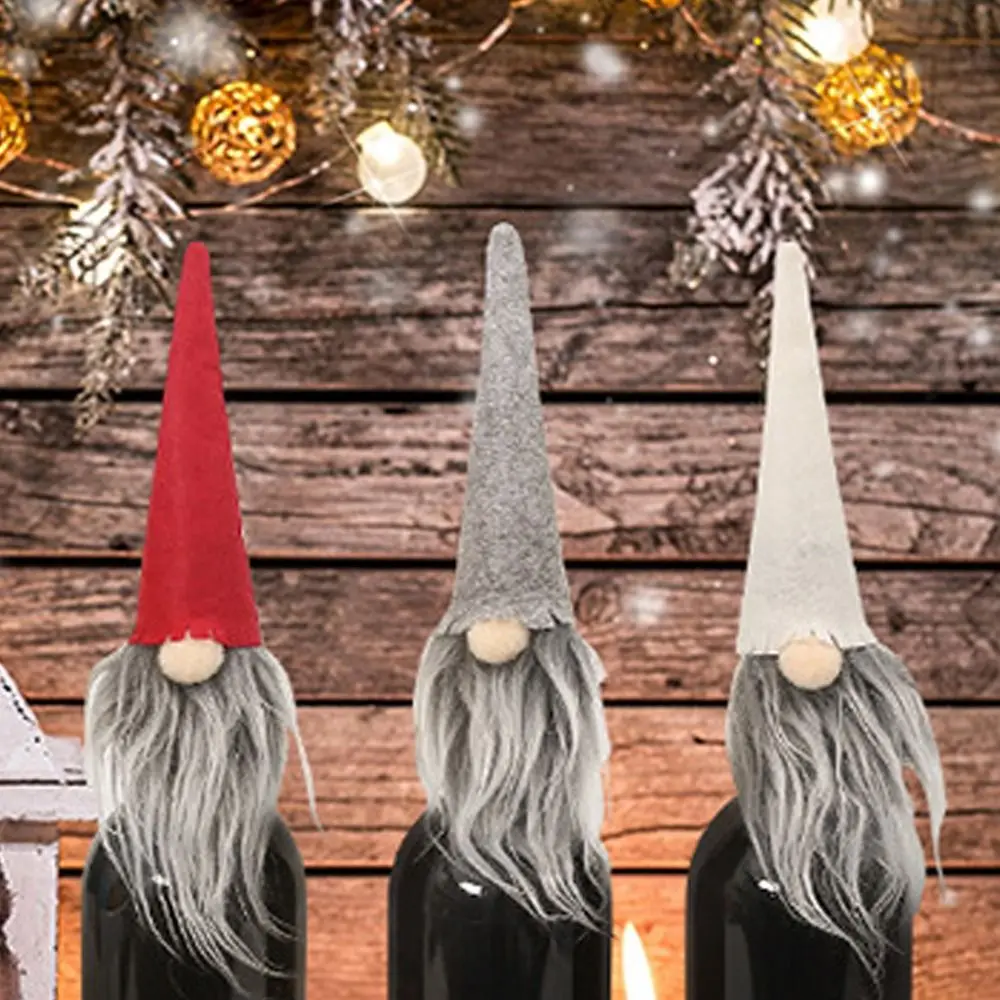 6pcs 귀여운 크리스마스 그놈 와인 병 커버 재사용 가능한 수제 얼굴 없는 인형 와인 병 커버 부직포 절묘한