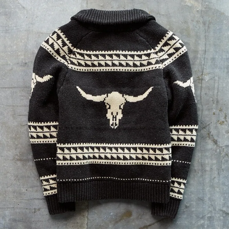 Men's Sweater Cardigan 2023 Autumn And Winter New Dark Cow Head Print Casual Large Size Sweater