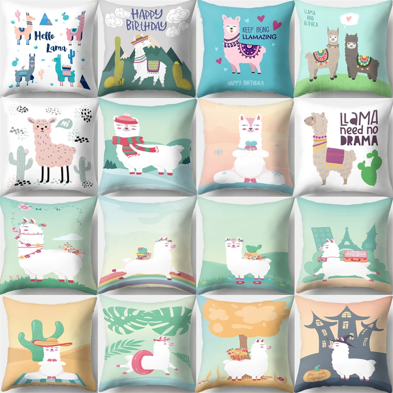 

Cute Animal Pillow Cover Cartoon Alpaca Room Decoration Polyester Print Poster Cushion Cover Throw Pillowcase coussin 45x45cm