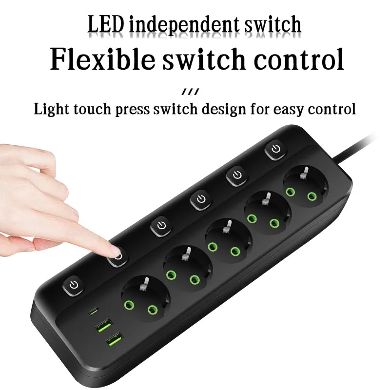 EU Plug Electrical Socket 3/5 AC Outlets+2 USB+1Type C 8-in-1 Adapter Multitap Fast Charging Power Strip With 2M Extension Cord