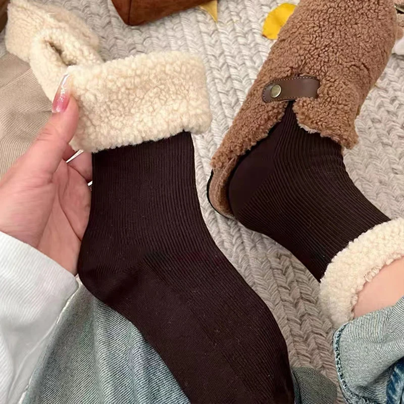 

Зимние женские толстые пушистые носки, однотонные Теплые мягкие плюшевые хлопковые носки выше щиколотки средней длины, дизайнерские новогодние подарки