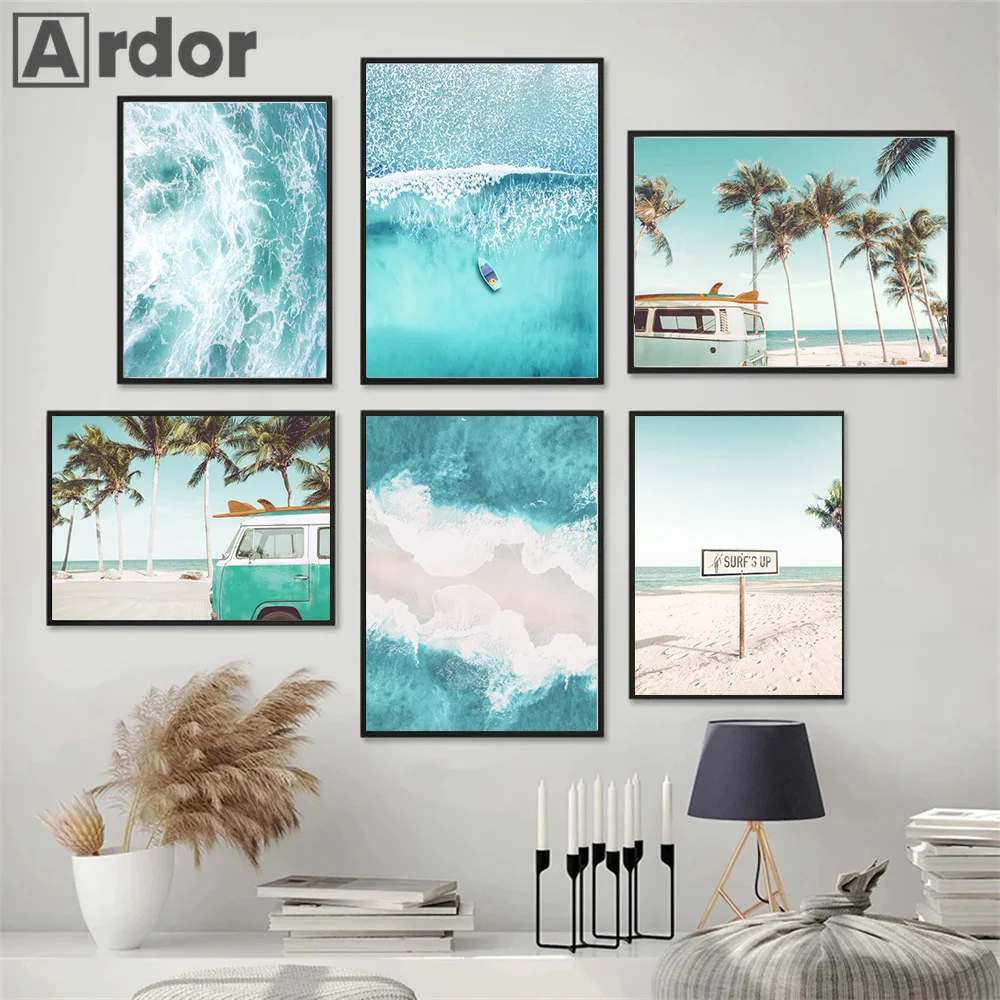 

Modern Blue Sea Beach Car Canvas Painting Nordic Spindrift Coconut Tree Poster Nature Scenery Pictures Living Room Home Decor