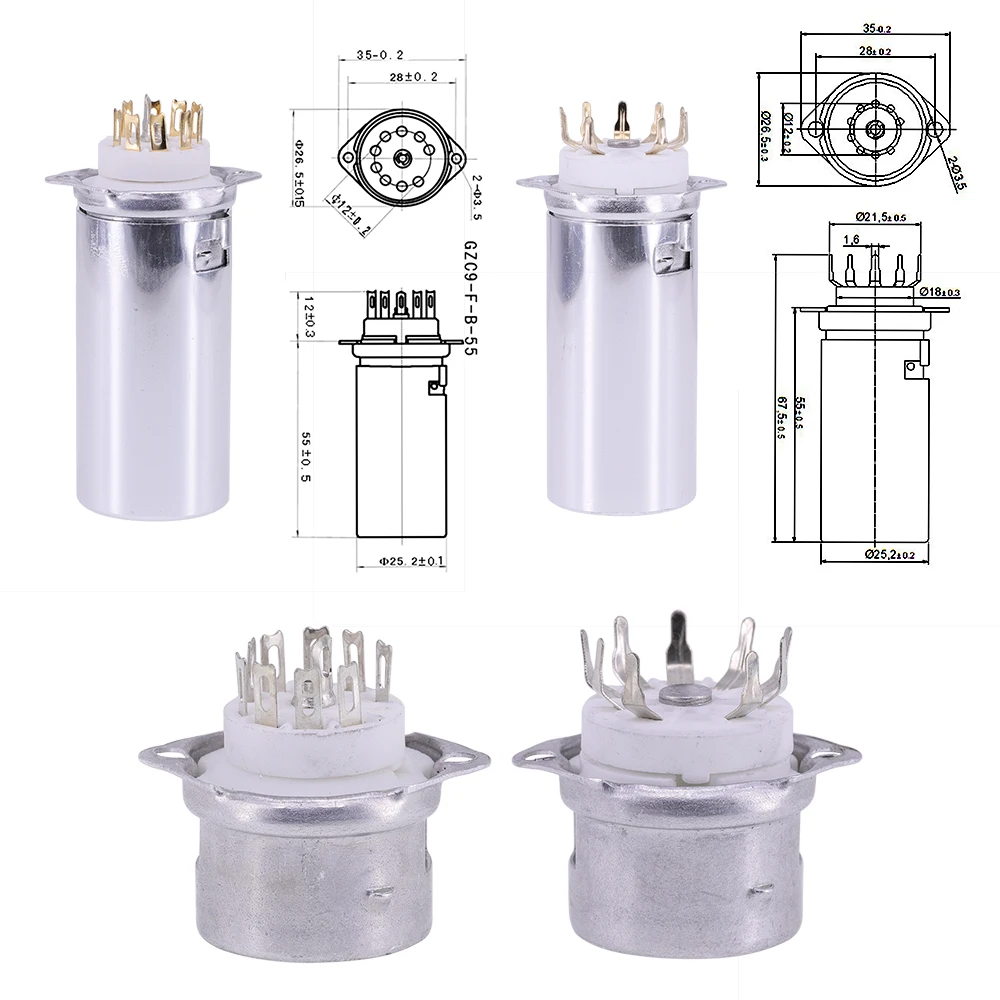 12AX7 12AU7 ECC83 ECC82 E88CC Vintage Amplifier PCB Chassis Mount Full Aluminum Vacuum Tube Shield With 9pin Ceramic Tube Socket