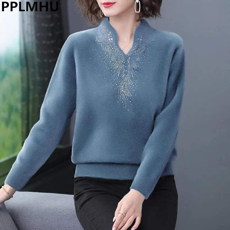 

Oversized 5XL Mom Diamonds Casual T-Shirts Spring Loose Warm Bottoming Shirt Korean Fashion Tops Chic Long Sleeve Camisetas New