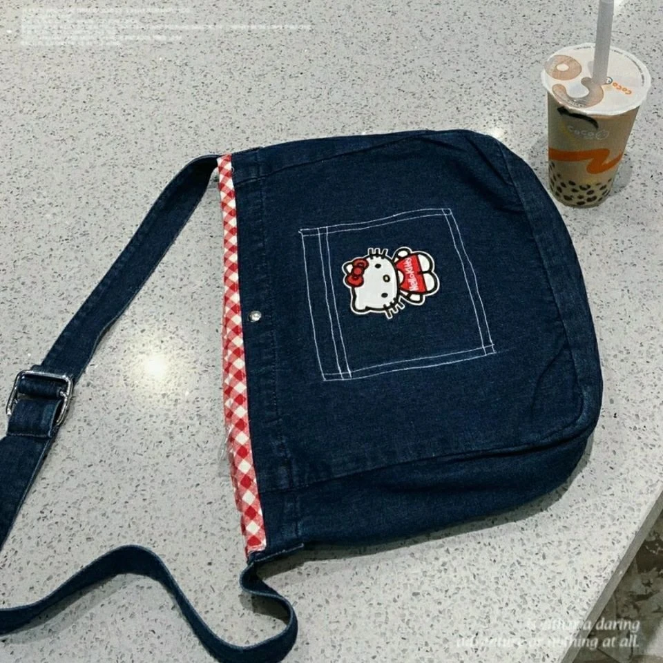 New Hello Kitty shoulder bags Trendy Retro Style Students Denim Bag Female Large Capacity