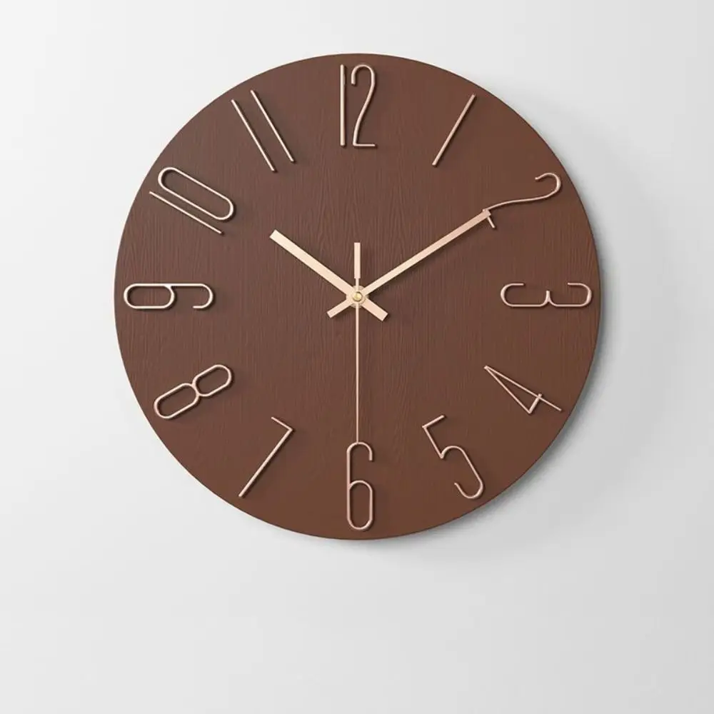 Nordic Fashion 12inch Wall Hanging Clock Silent Round Shape Wood Grain Clock Easy Installation 3D Number Scale Clock Bedroom