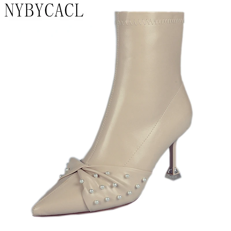 Fashion French Pointed Elastic Short Boots Fall/Winter 2023 New Pure Color Pearl Bow Side Zipper Stiletto High Heel Thin Boots