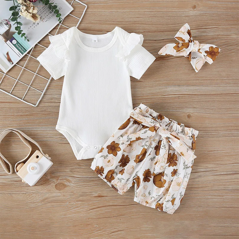 

Kids Baby Girls 3PCS Sets Floral Printed Clothes Knitted T Shirt Tops Suspenders Shorts Headband Outfit Set