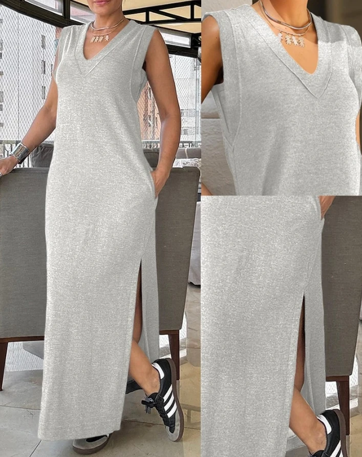 

Women's Solid Color Dress 2024 Spring/summer Latest Casual Fashion V Neck Sleeveless Pocket Design Slit Maxi Daily Midi Skirt