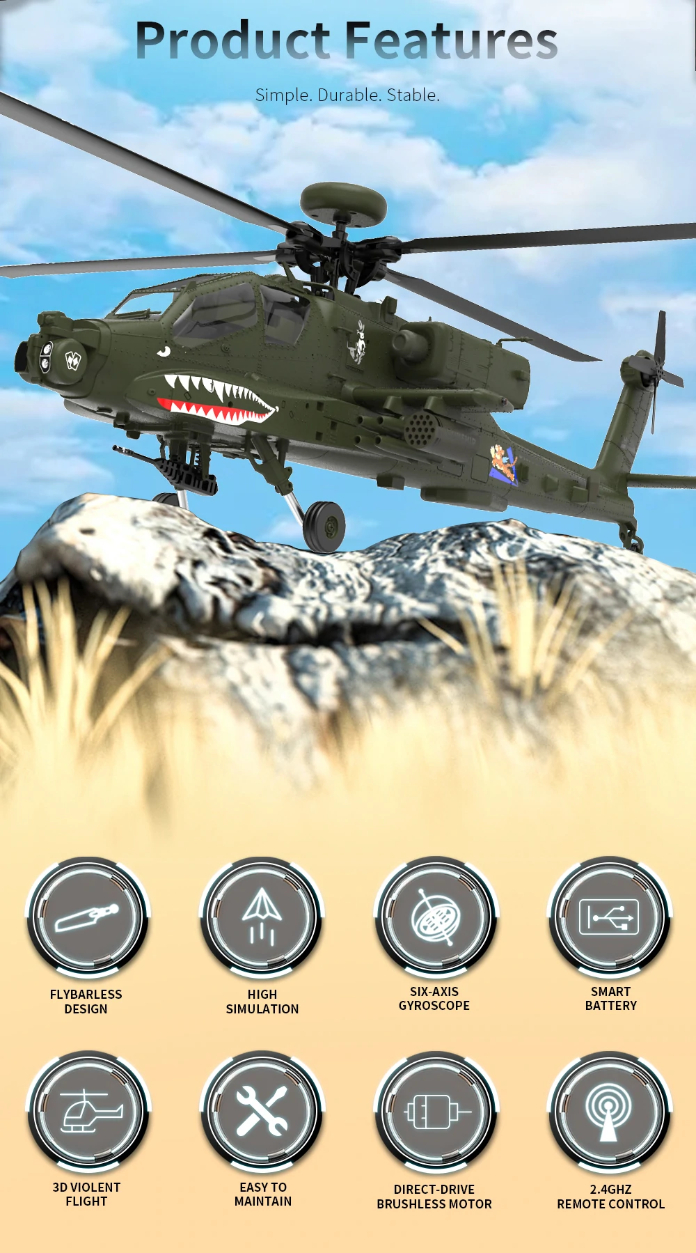 Eachine E250 AH-64 Apache 2.4G 6CH 3D 6-Axis Gyro Dual Brushless Motor 1:32 Scale Flybarless RC Helicopter Compatible With Futaba S-FHSS Protocol